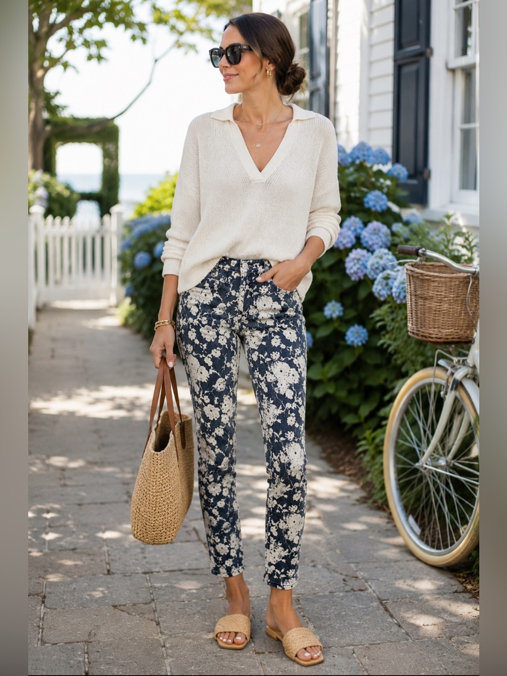 Tory Burch Floral Print Skinny Cropped Jeans